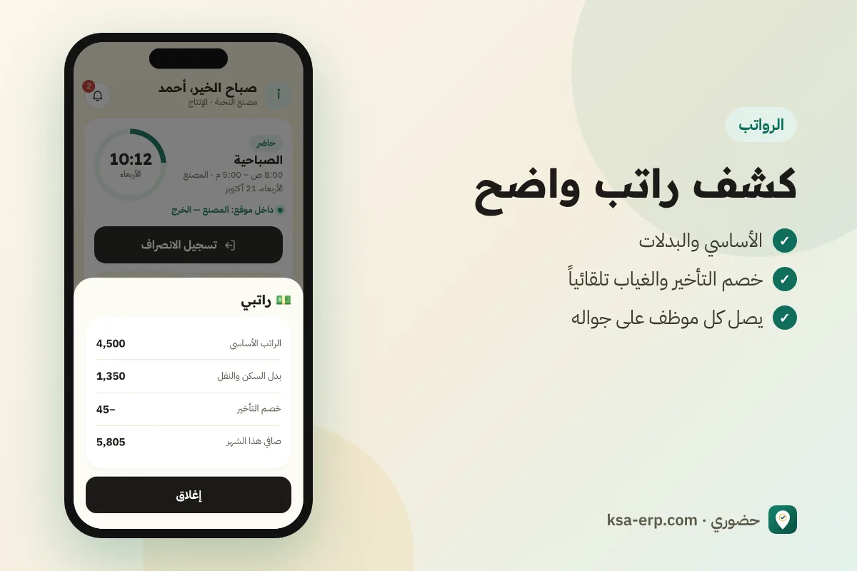 كشف راتبي: الأساسي والبدلات وخصم التأخير والصافي