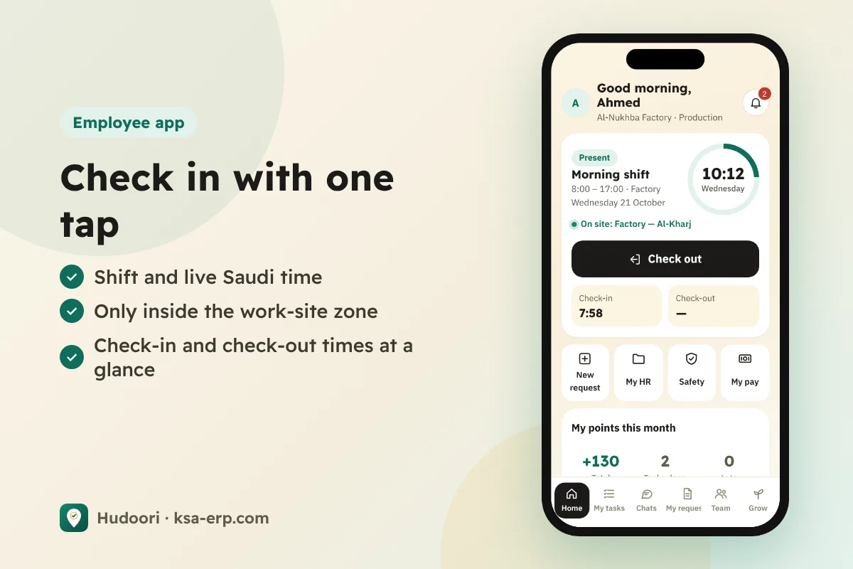 Employee home screen: shift, clock and check-out button