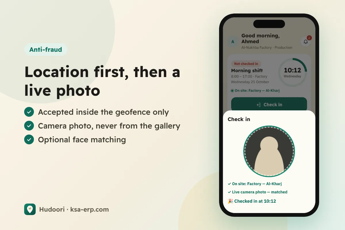 Check-in screen: location check followed by a live camera selfie