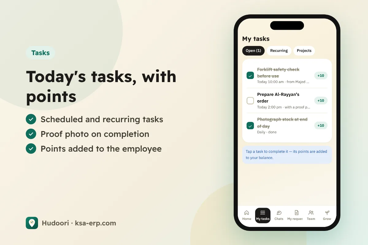 My Tasks screen: today's tasks with points and status