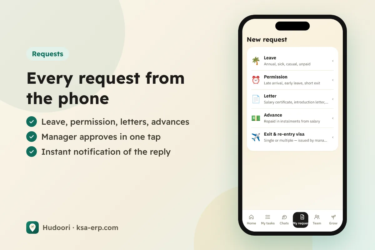 Employee requests screen in the worker's own language: leave, permission, letters and advances