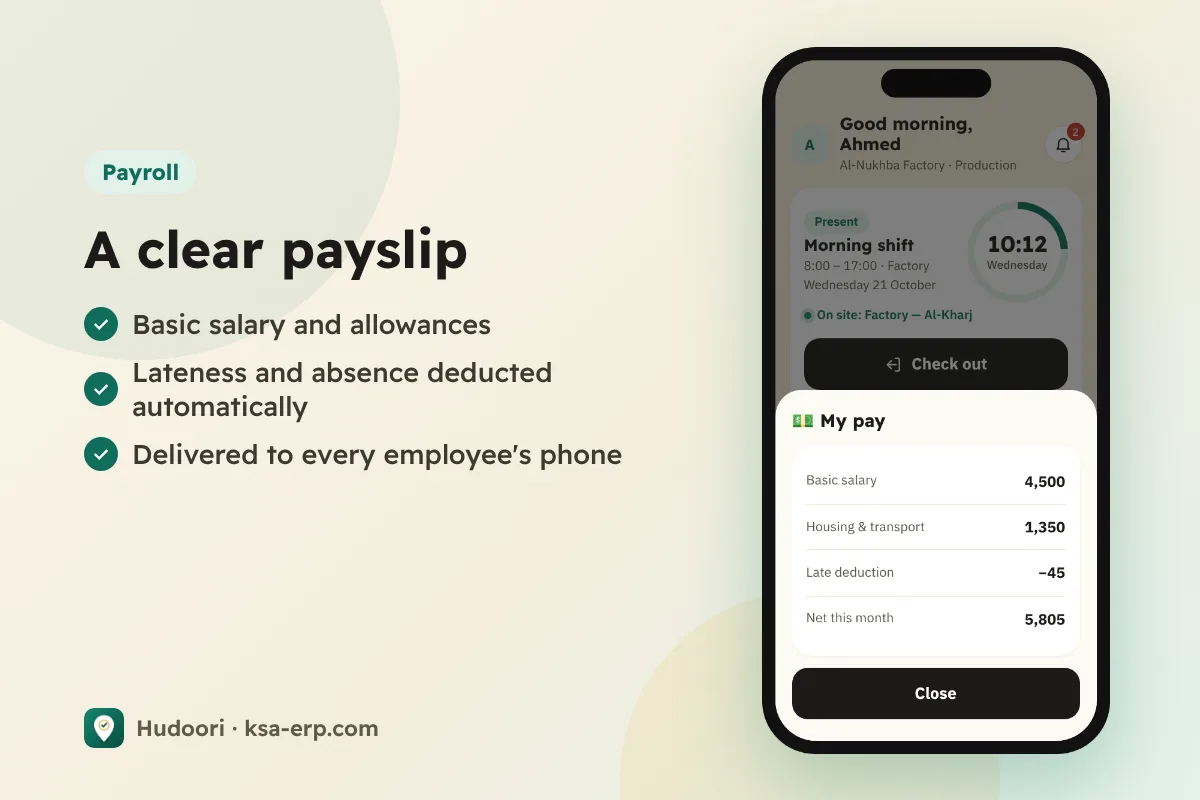 My Pay screen: basic salary, allowances, lateness deduction and net pay